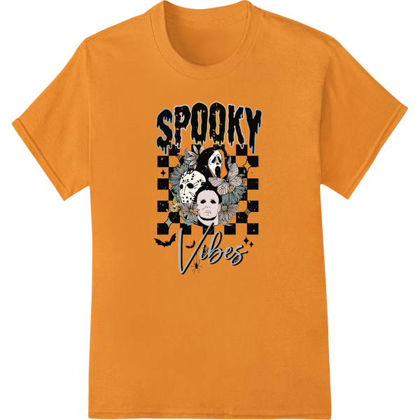 Cutting-edge custom apparel featured on Spooky Vibes: Horror Icons Halloween Checkered Design