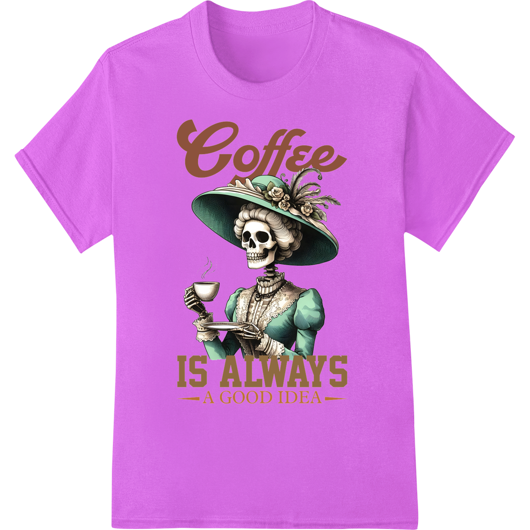 Skeleton Coffee Lover DTF Print | Day of the Dead Humor on purple shirt - SUPERDTF-DTF Prints-DTF Transfers-Custom DTF Prints