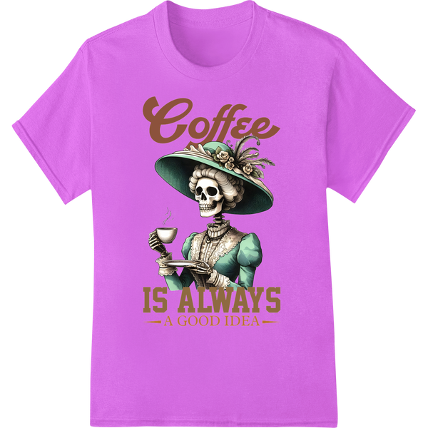 Skeleton Coffee Lover DTF Print | Day of the Dead Humor on purple shirt - SUPERDTF-DTF Prints-DTF Transfers-Custom DTF Prints