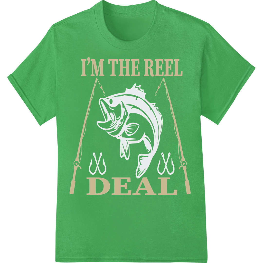 Bold 'I'M THE REEL DEAL' Tiger Fishing DTF Heat Transfer on green shirt - SUPERDTF-DTF Prints-DTF Transfers-Custom DTF Prints