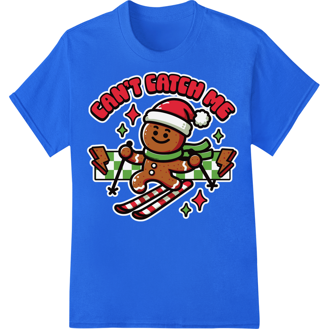 Adorable Skiing Gingerbread Man - Festive DTF Christmas Print on blue shirt - SUPERDTF-DTF Prints-DTF Transfers-Custom DTF Prints