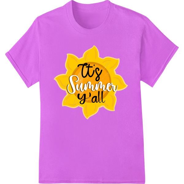 Colorful summer-themed heat transfer design with the text 'It's Summer Y'all' in a trendy font, surrounded by tropical leaves