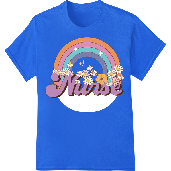 Celebrate Nurses Day with Vibrant Floral Rainbow Design on blue shirt - SUPERDTF-DTF Prints-DTF Transfers-Custom DTF Prints