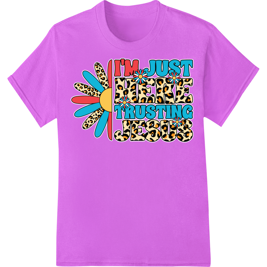 Bold Leopard Print "I'M JUST TRUSTING JESUS" DTF Transfer on purple shirt - SUPERDTF-DTF Prints-DTF Transfers-Custom DTF Prints