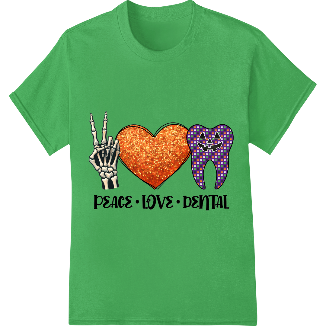 Smile Bright with Peace, Love, & Dental DTF Print Transfer on green shirt - SUPERDTF-DTF Prints-DTF Transfers-Custom DTF Prints