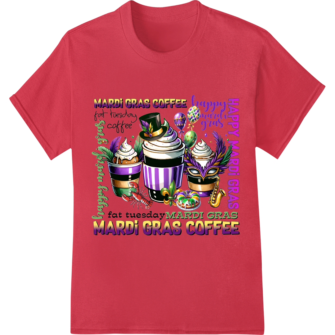 Vibrant Mardi Gras Coffee Cups DTF Print Heat Transfer on red shirt - SUPERDTF-DTF Prints-DTF Transfers-Custom DTF Prints