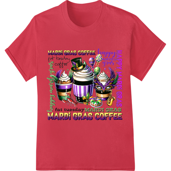 Vibrant Mardi Gras Coffee Cups DTF Print Heat Transfer on red shirt - SUPERDTF-DTF Prints-DTF Transfers-Custom DTF Prints