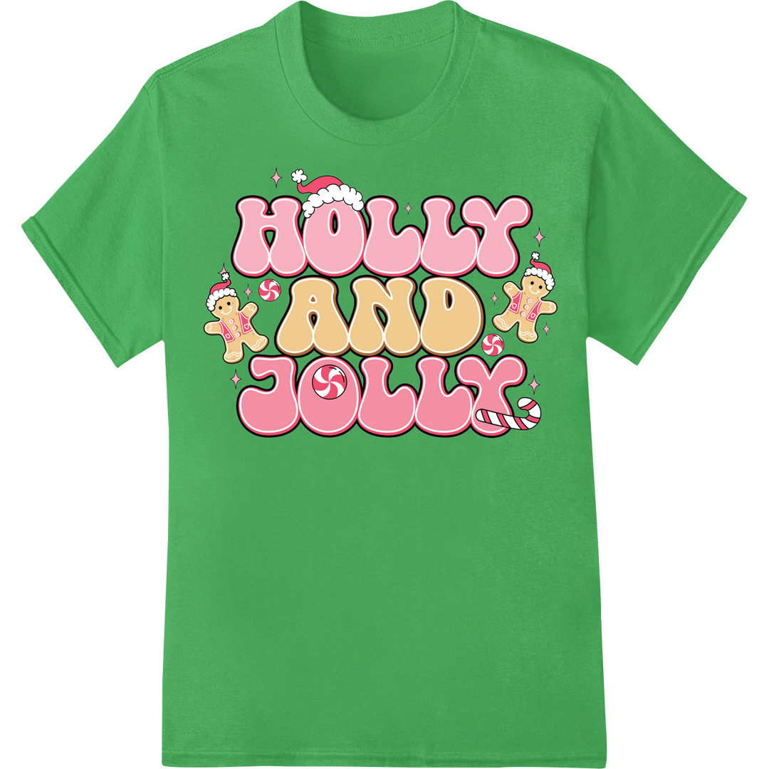 Adorable Pink Christmas "Holly and Jolly" DTF Print on green shirt - SUPERDTF-DTF Prints-DTF Transfers-Custom DTF Prints