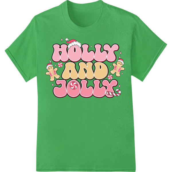 Adorable Pink Christmas "Holly and Jolly" DTF Print on green shirt - SUPERDTF-DTF Prints-DTF Transfers-Custom DTF Prints