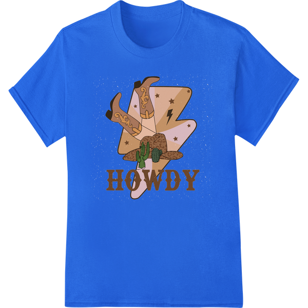 Rustic 'HOWDY' Cowboy Boot Heat Transfer - Western Retro on blue shirt - SUPERDTF-DTF Prints-DTF Transfers-Custom DTF Prints