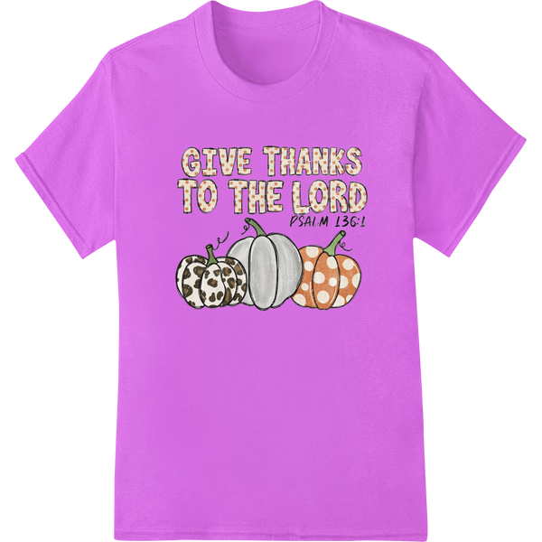 Grateful Harvest: Pumpkin Trio Gives Thanks to the Lord on purple shirt - SUPERDTF-DTF Prints-DTF Transfers-Custom DTF Prints