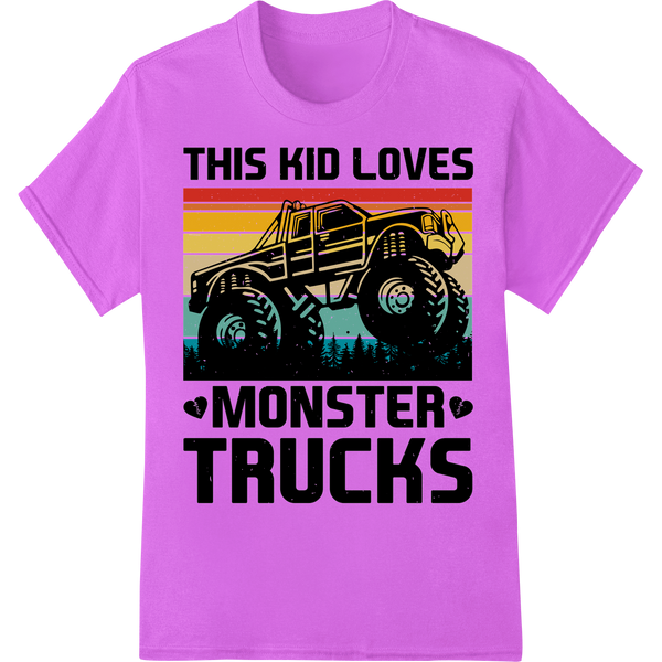 Retro Monster Truck Kid's Love | Offroad T-Shirt Design on purple shirt - SUPERDTF-DTF Prints-DTF Transfers-Custom DTF Prints