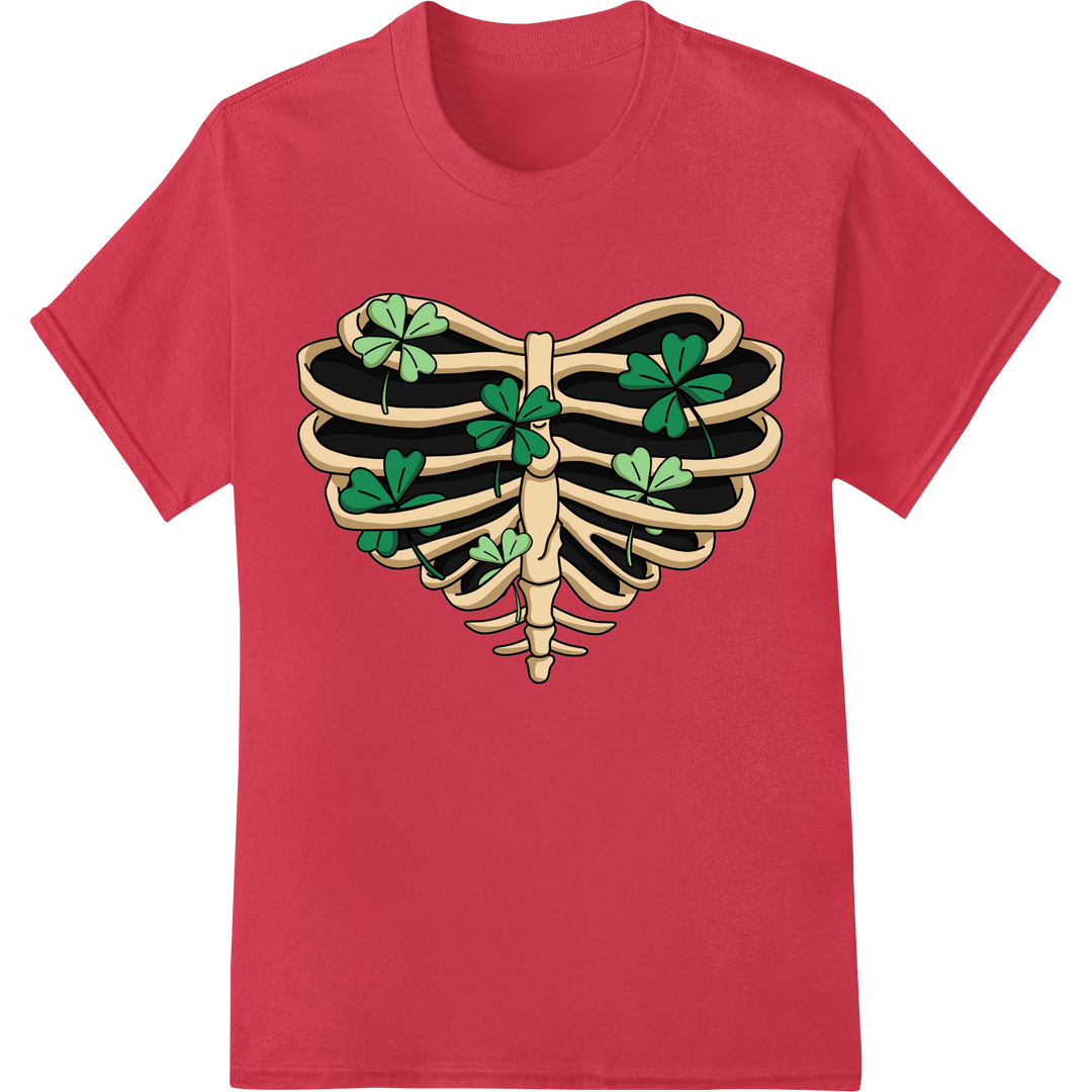 Edgy Skeleton Shamrock Ribcage St. Patrick's Day DTF Print on red shirt - SUPERDTF-DTF Prints-DTF Transfers-Custom DTF Prints