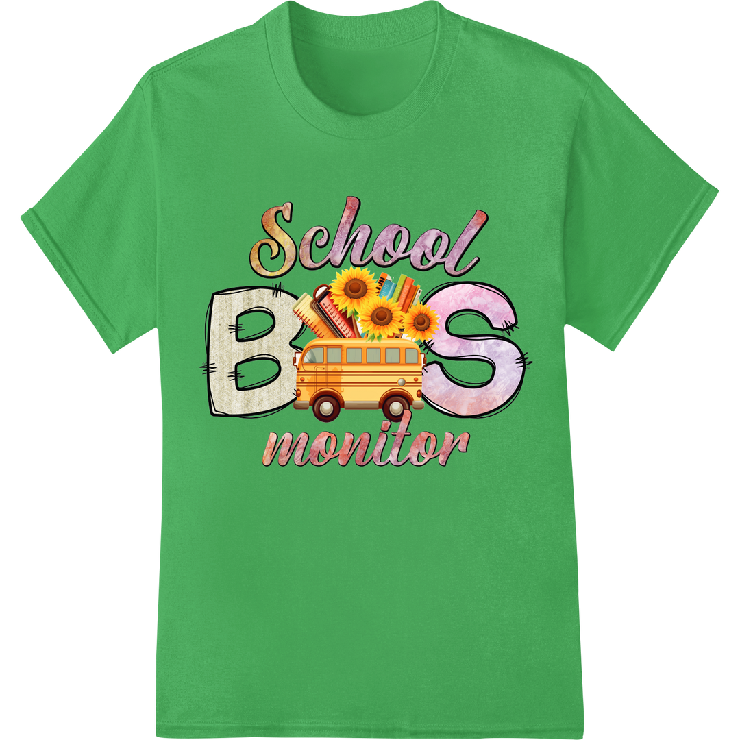 Celebrate School Bus Monitors with Vibrant DTF Print on green shirt - SUPERDTF-DTF Prints-DTF Transfers-Custom DTF Prints