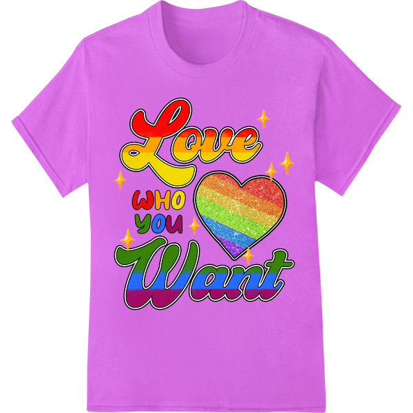 Love Who You Want - Vibrant Rainbow LGBT Pride DTF Print on purple shirt - SUPERDTF-DTF Prints-DTF Transfers-Custom DTF Prints