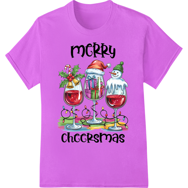 Festive "Merry Cheersmas" Wine Glasses Holiday DTF Print on purple shirt - SUPERDTF-DTF Prints-DTF Transfers-Custom DTF Prints