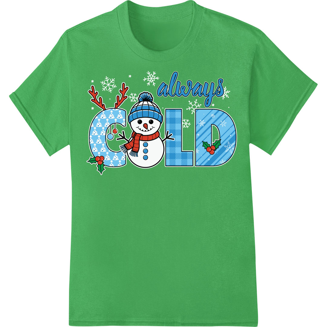 Adorable Frosty the Snowman DTF Transfer Print | Winter Wonder on green shirt - SUPERDTF-DTF Prints-DTF Transfers-Custom DTF Prints