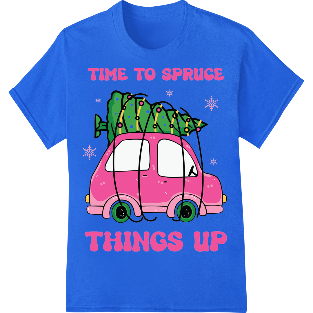 Adorable Pink Christmas Tree Car DTF Heat Transfer Print on blue shirt - SUPERDTF-DTF Prints-DTF Transfers-Custom DTF Prints