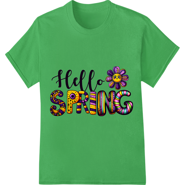 Vibrant 'Hello Spring' DTF Print Heat Transfer | Bold & Fun on green shirt - SUPERDTF-DTF Prints-DTF Transfers-Custom DTF Prints