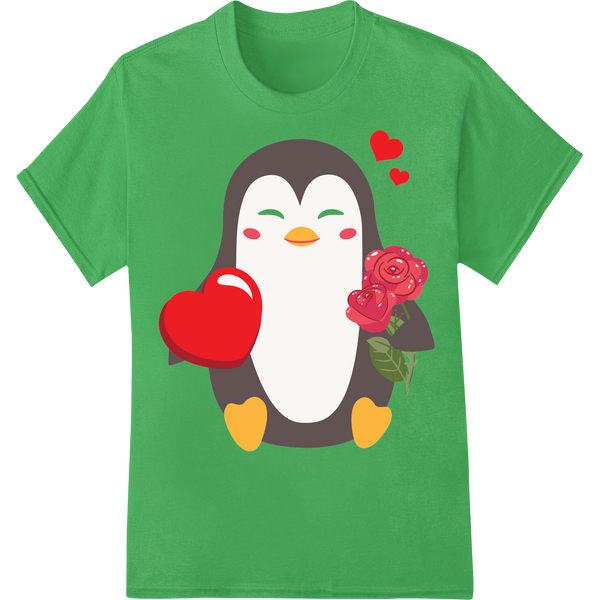 Adorable Penguin Valentine's Day Heat Transfer Print on green shirt - SUPERDTF-DTF Prints-DTF Transfers-Custom DTF Prints