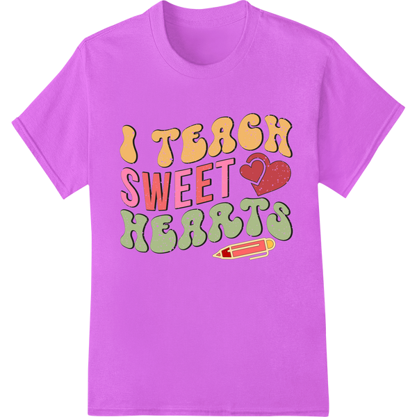 Retro 'I Teach Sweet Hearts' DTF Print Heat Transfer on purple shirt - SUPERDTF-DTF Prints-DTF Transfers-Custom DTF Prints