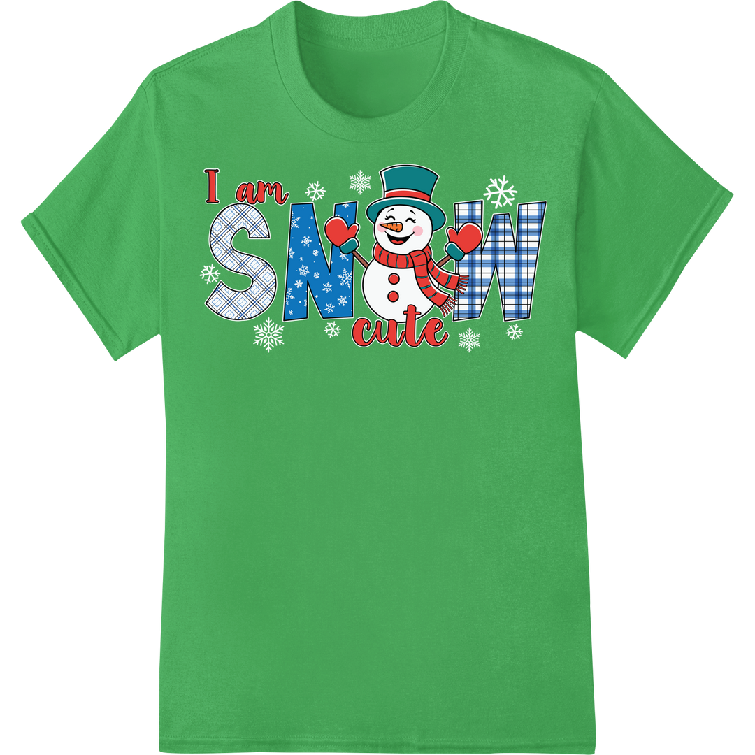 Adorable "I am snow cute" Funny Snowman Christmas Design on green shirt - SUPERDTF-DTF Prints-DTF Transfers-Custom DTF Prints