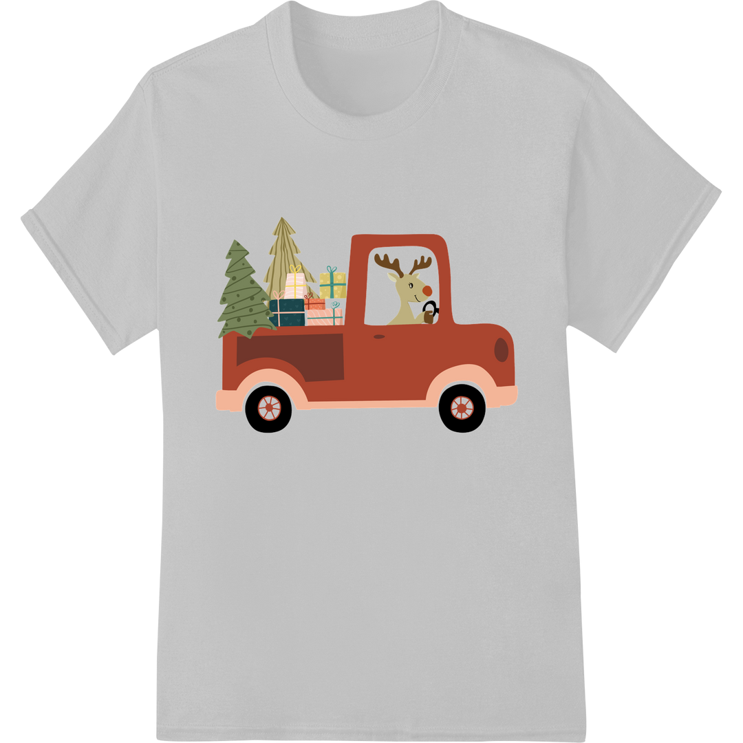 Festive Reindeer Truck: Adorable Christmas DTF Print Design on white shirt - SUPERDTF-DTF Prints-DTF Transfers-Custom DTF Prints