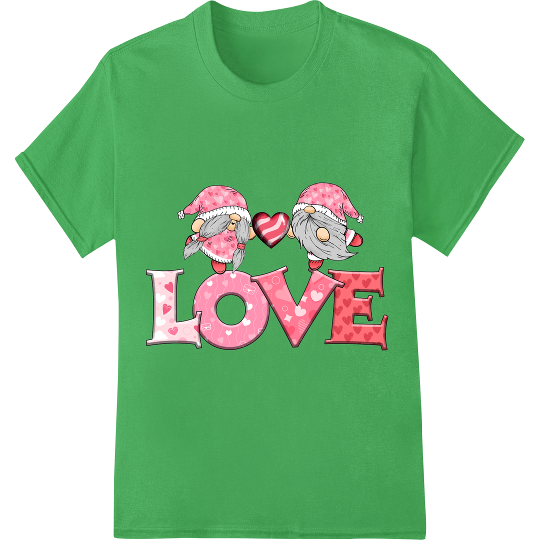 Adorable Gnome Couple Valentine's Day DTF Print Heat Transfer on green shirt - SUPERDTF-DTF Prints-DTF Transfers-Custom DTF Prints