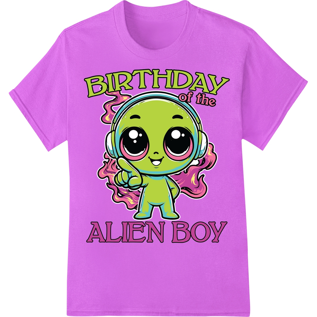 Cosmic Birthday Fun: Alien Boy DTF Print Heat Transfer on purple shirt - SUPERDTF-DTF Prints-DTF Transfers-Custom DTF Prints