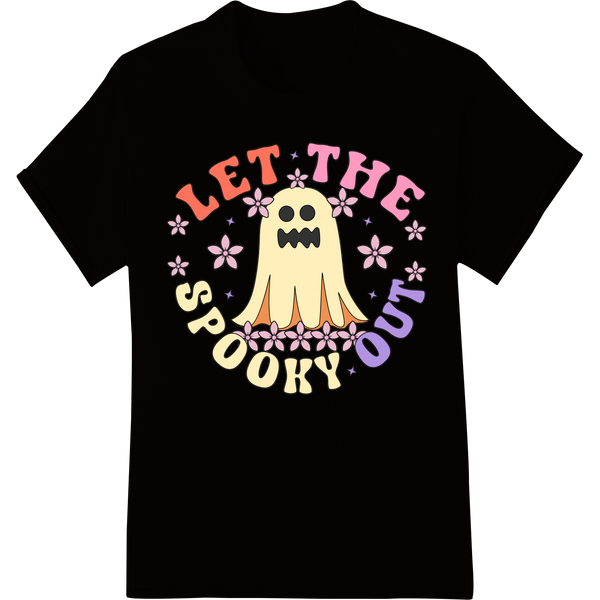 A whimsical ghost design with colorful floral elements, suitable for Halloween DTF heat transfers on t-shirts and more.