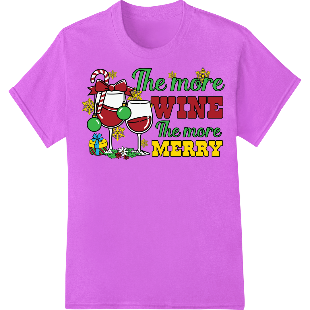 Festive 'More Wine More Merry' Christmas DTF Print Transfer on purple shirt - SUPERDTF-DTF Prints-DTF Transfers-Custom DTF Prints