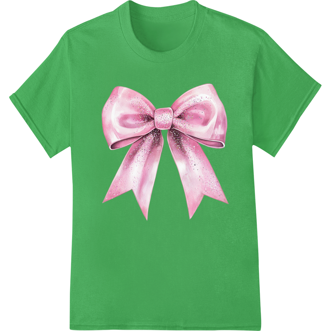 Glittery Pink Coquette Bow Heat Transfer for Valentine's Day on green shirt - SUPERDTF-DTF Prints-DTF Transfers-Custom DTF Prints