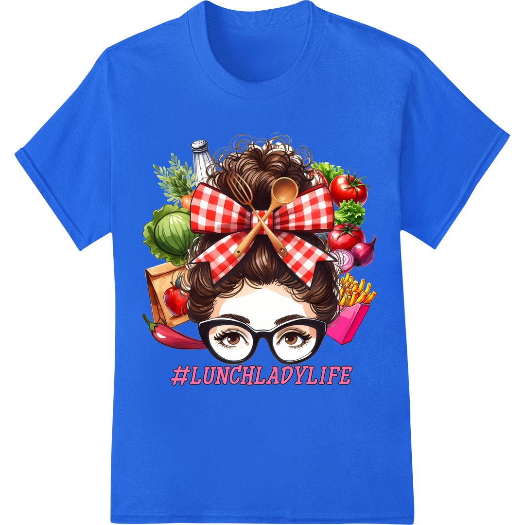 Retro 'Lunch Lady' Hashtag Tee Design | DTF Print Transfer on blue shirt - SUPERDTF-DTF Prints-DTF Transfers-Custom DTF Prints