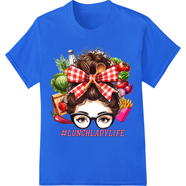 Retro 'Lunch Lady' Hashtag Tee Design | DTF Print Transfer on blue shirt - SUPERDTF-DTF Prints-DTF Transfers-Custom DTF Prints