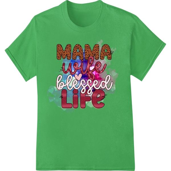 Leopard print text design 'Mama Wife Blessed Life' with red lips graphic for Mother's Day DTF heat transfer printing