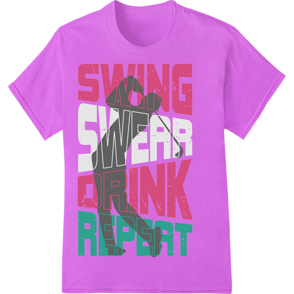 Stylish "SWING TRUNK REPEAT" Golf DTF Print Heat Transfer on purple shirt - SUPERDTF-DTF Prints-DTF Transfers-Custom DTF Prints