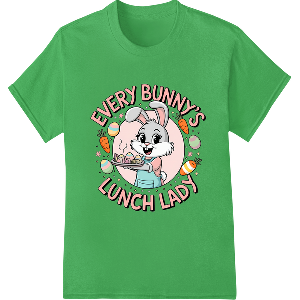 Adorable Easter Bunny Lunch Lady DTF Print Heat Transfer on green shirt - SUPERDTF-DTF Prints-DTF Transfers-Custom DTF Prints