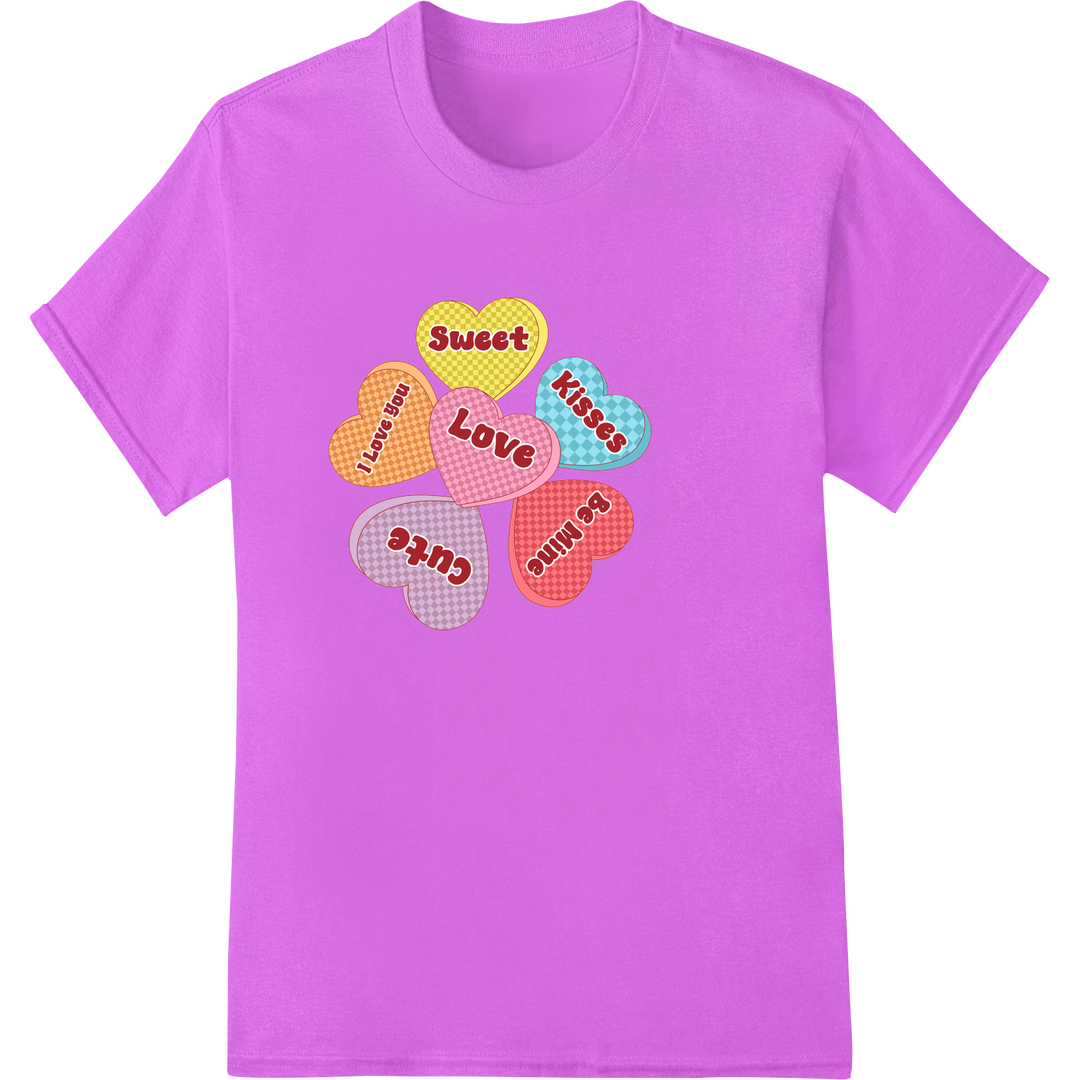 Retro Candy Hearts: Sweet Valentine's Day DTF Print Transfer on purple shirt - SUPERDTF-DTF Prints-DTF Transfers-Custom DTF Prints