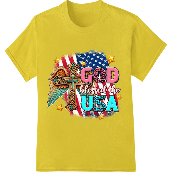 God Blessed the USA Christian Patriotic DTF Print Transfer on yellow shirt - SUPERDTF-DTF Prints-DTF Transfers-Custom DTF Prints