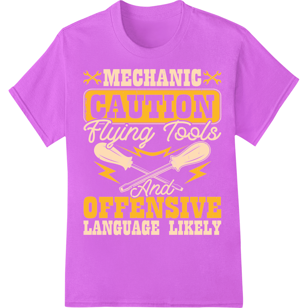 Edgy Mechanic's Warning: Caution Flying Tools DTF Print on purple shirt - SUPERDTF-DTF Prints-DTF Transfers-Custom DTF Prints