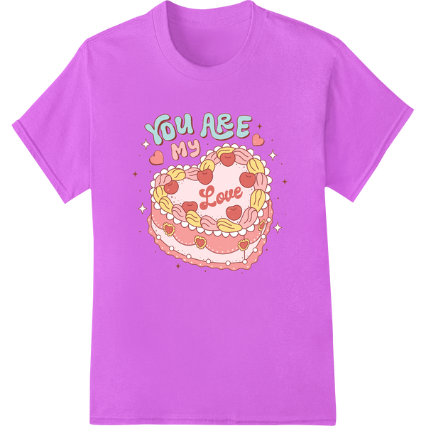 Retro Valentine's Cake: Sweet Love DTF Print Heat Transfer on purple shirt - SUPERDTF-DTF Prints-DTF Transfers-Custom DTF Prints