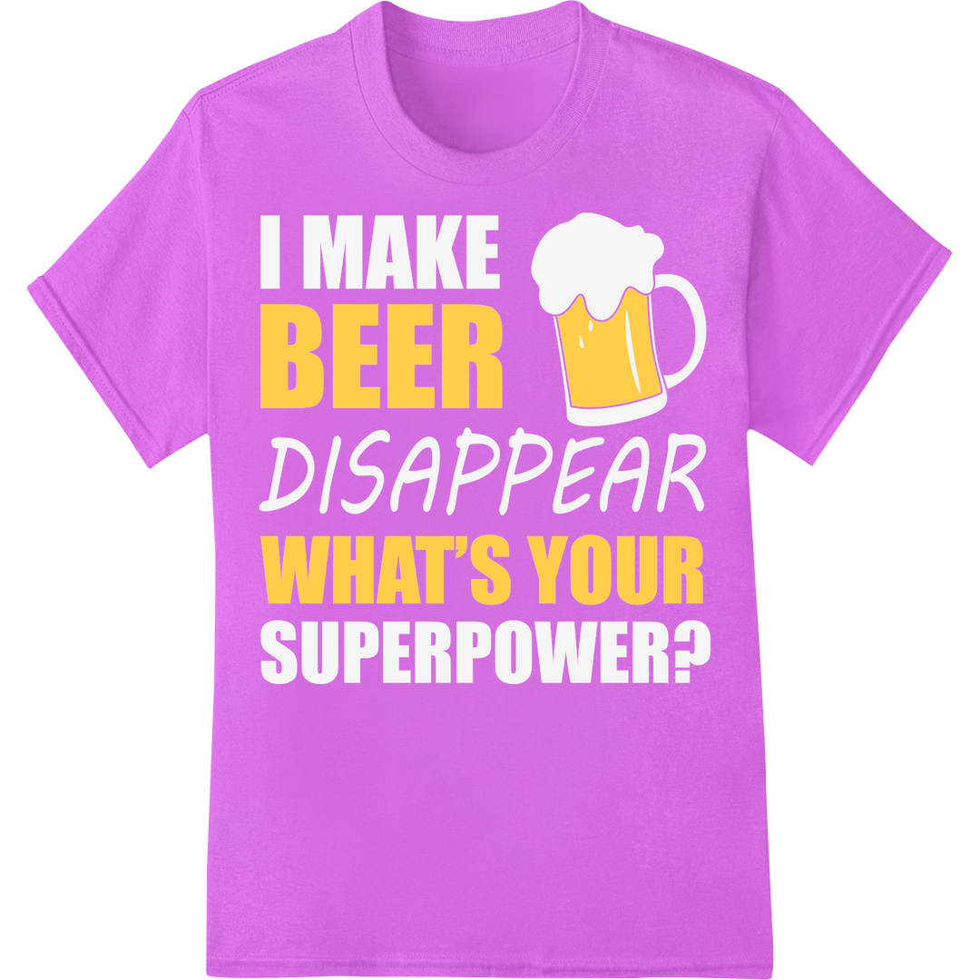 BEER WHAT'S YOUR - Fun Party DTF Print Heat Transfer on purple shirt - SUPERDTF-DTF Prints-DTF Transfers-Custom DTF Prints