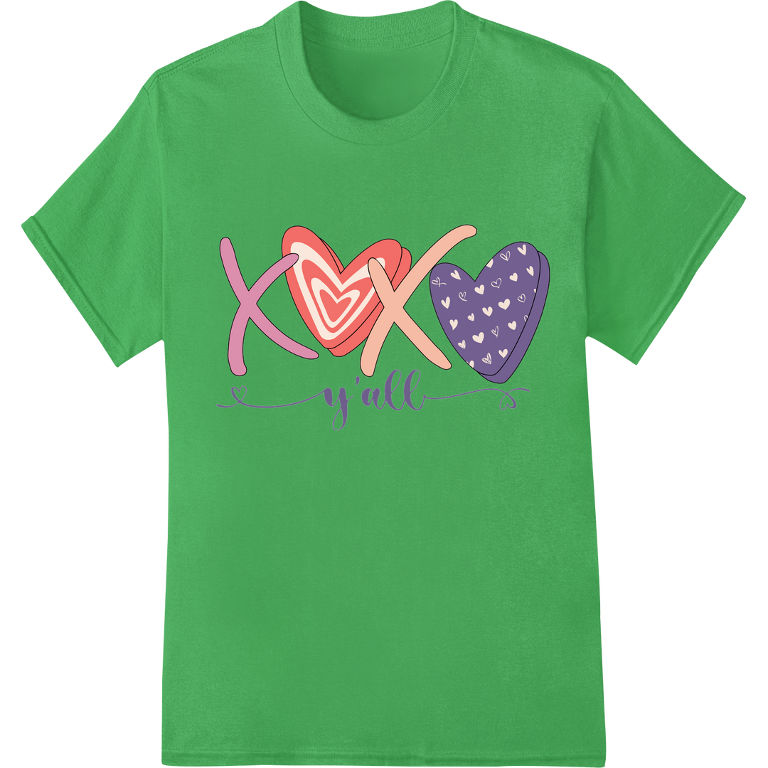 Adorable 'XOXO Y'all' Valentine's Day DTF Print Transfer on green shirt - SUPERDTF-DTF Prints-DTF Transfers-Custom DTF Prints