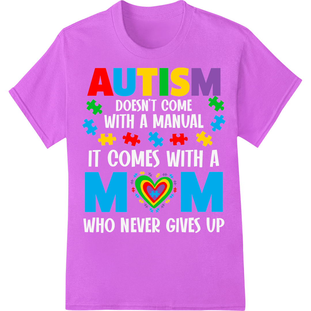 Vibrant 'AUTISM MOM' DTF Print Heat Transfer | Awareness Gear on purple shirt - SUPERDTF-DTF Prints-DTF Transfers-Custom DTF Prints