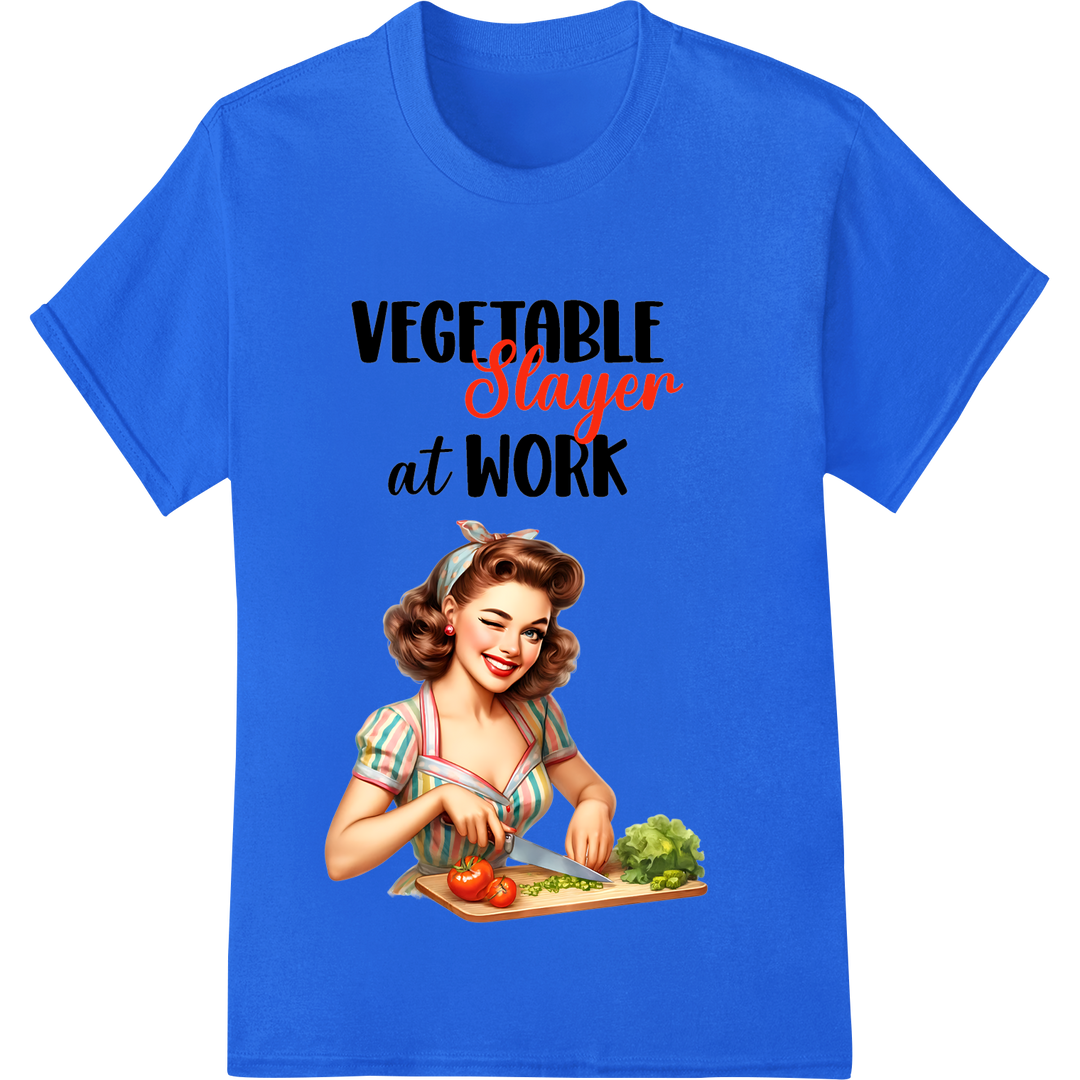 Retro Pin-Up 'Vegetable Slayer' DTF Print Heat Transfer on blue shirt - SUPERDTF-DTF Prints-DTF Transfers-Custom DTF Prints