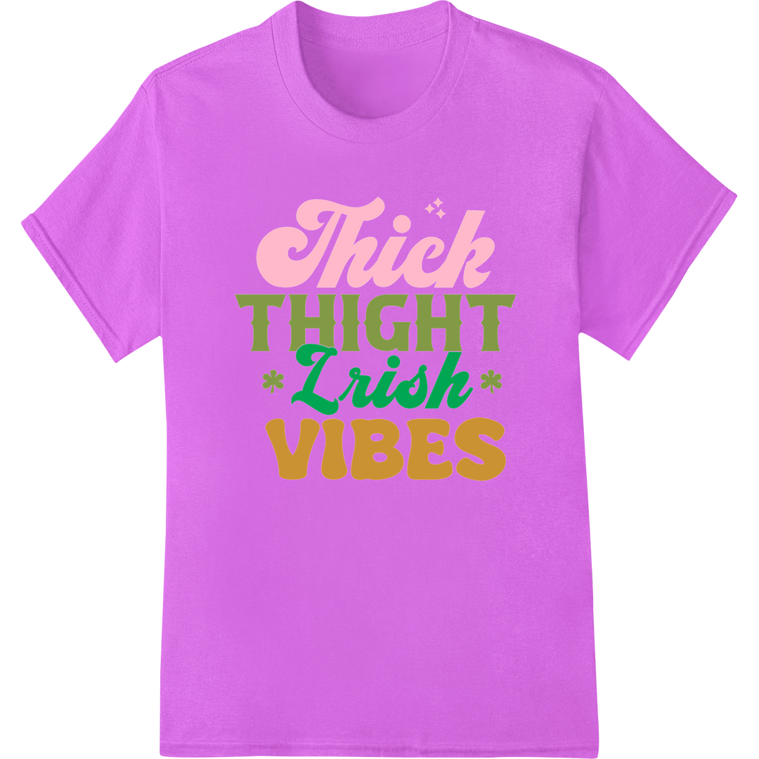 Thick Thighs Irish Vibes: Shamrock Your Style | St. Pat's DTF on purple shirt - SUPERDTF-DTF Prints-DTF Transfers-Custom DTF Prints