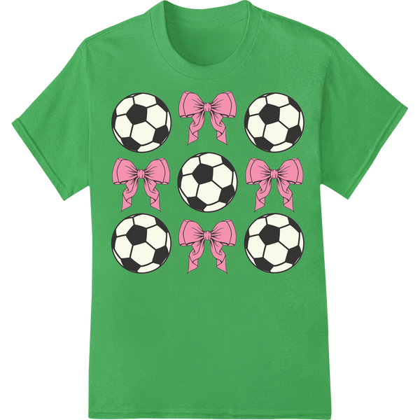 Girly Soccer: Bow & Ball DTF Print Pattern by Super DTF on green shirt - SUPERDTF-DTF Prints-DTF Transfers-Custom DTF Prints