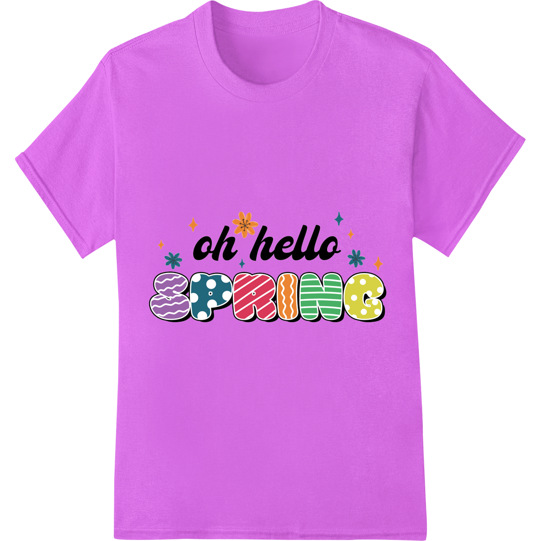 Vibrant 'Oh Hello Spring' Typography Heat Transfer Design on purple shirt - SUPERDTF-DTF Prints-DTF Transfers-Custom DTF Prints