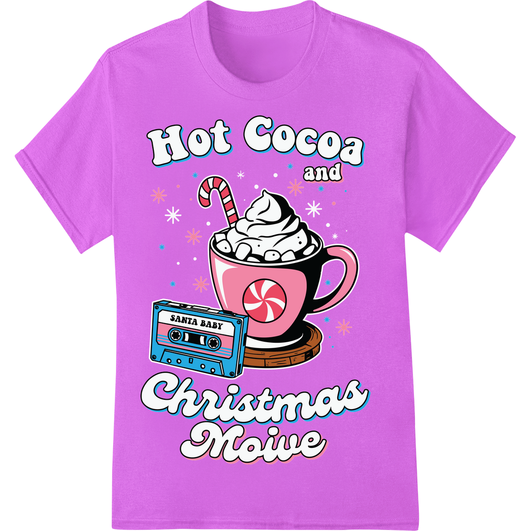 Festive Hot Cocoa & Christmas Music - DTF Print Transfer on purple shirt - SUPERDTF-DTF Prints-DTF Transfers-Custom DTF Prints