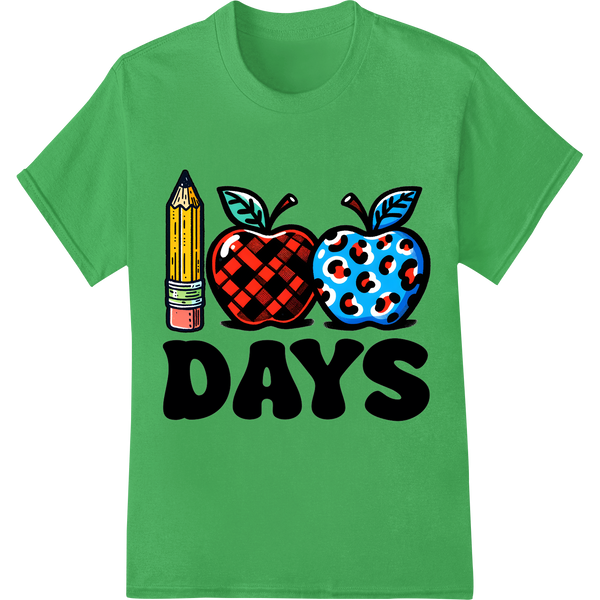 Vibrant 100th Day of School Apples & Pencil DTF Print on green shirt - SUPERDTF-DTF Prints-DTF Transfers-Custom DTF Prints